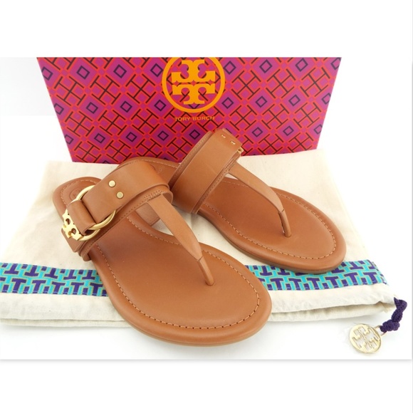 New TORY BURCH Logo Royal Tan Flat Thong Sandals 6 - Picture 1 of 7